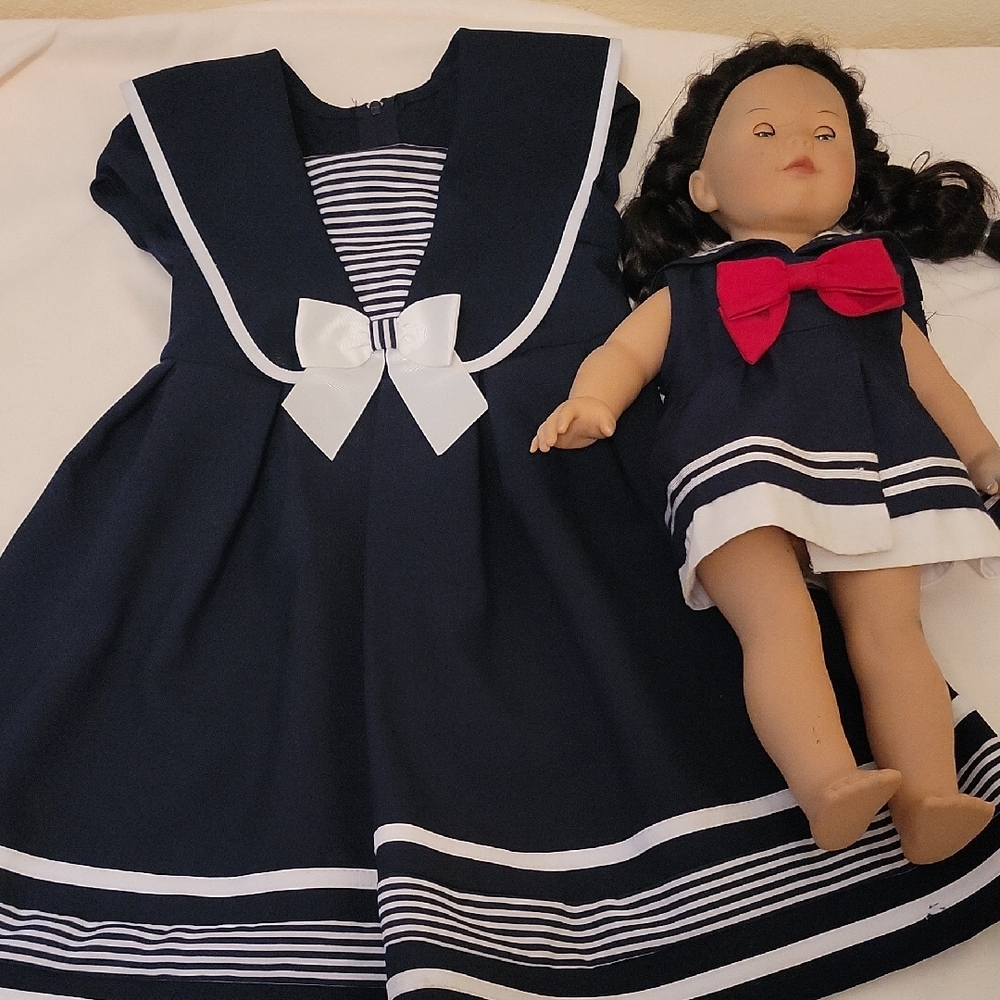 Bonnie Baby Navy and White Sailor Dress Size 4T with Doll Dress